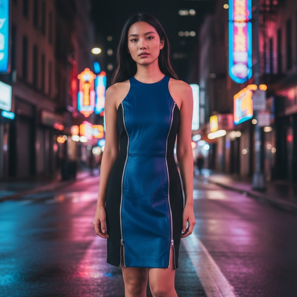 Rebecca Minkoff Lou Dress in Paris Blue Lambskin Leather. Size‎